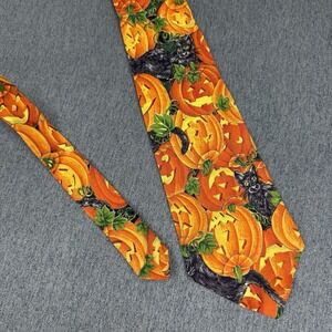 Vintage Just Sew Halloween Tie Jack-O-Lantern Black Cat Orange Cotton 59" x 4"